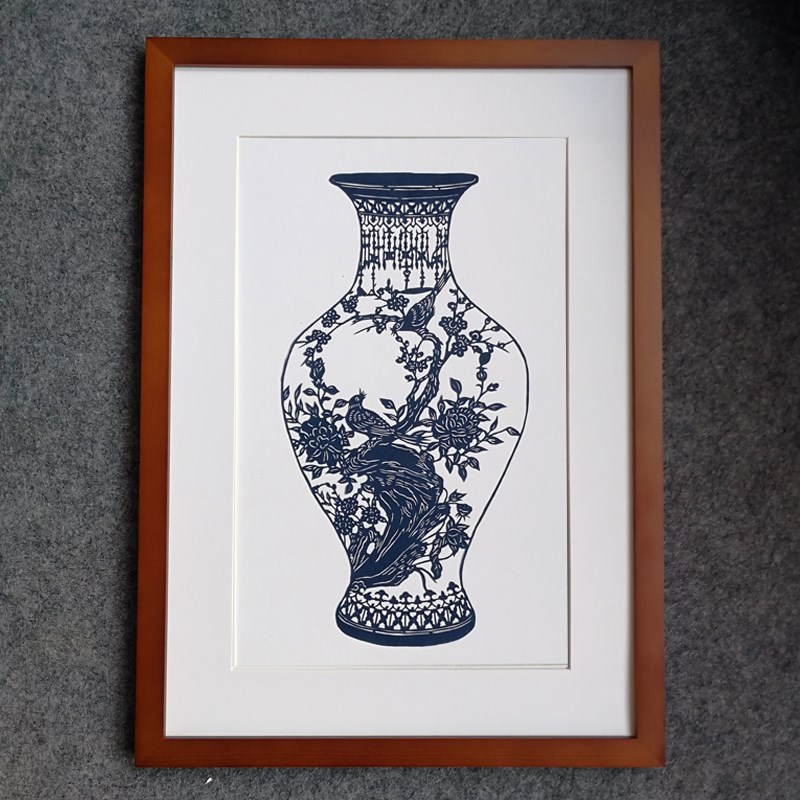 手工剪纸青花瓷中国风q实木镜框相框装饰画玄关客厅书房沙发背景图片