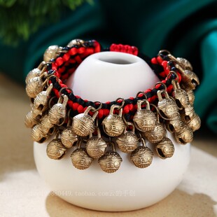 舞蹈演出道具铃铛脚链复古红绳编织会响手环民族风三层铃铛手链女