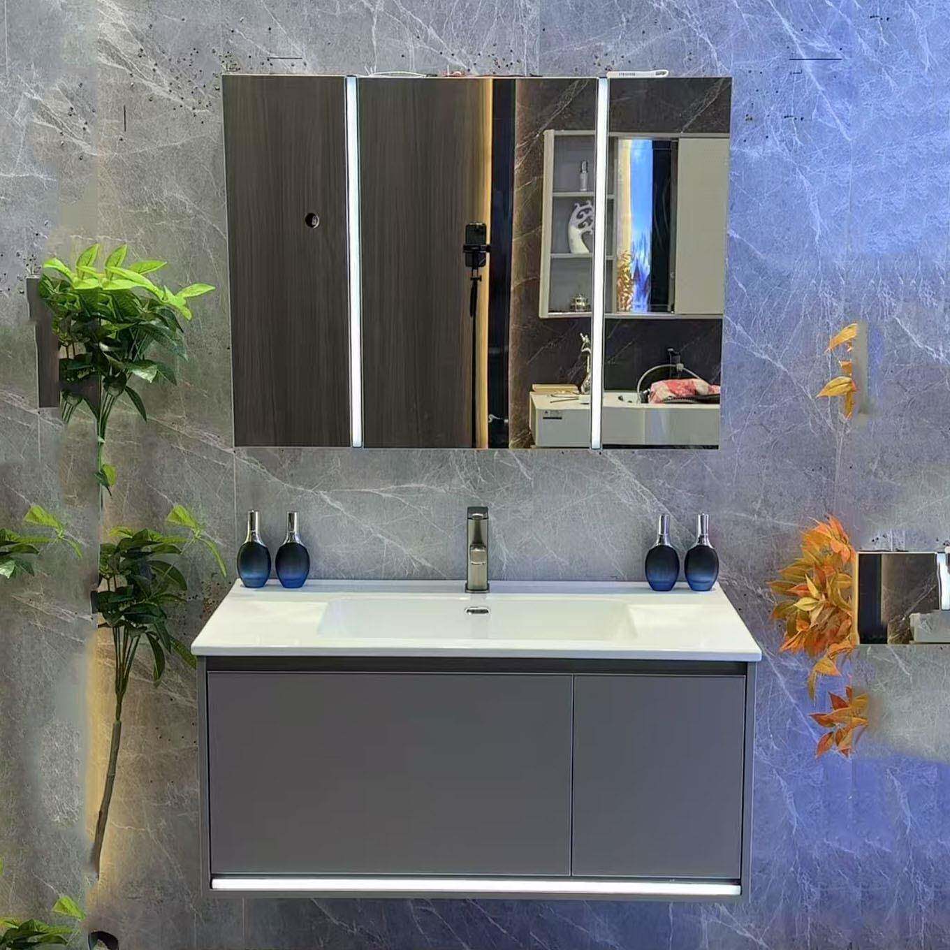 2025现代简约陶瓷一体盆浴室柜卫生间柜体雷达感应灯收纳镜组合柜