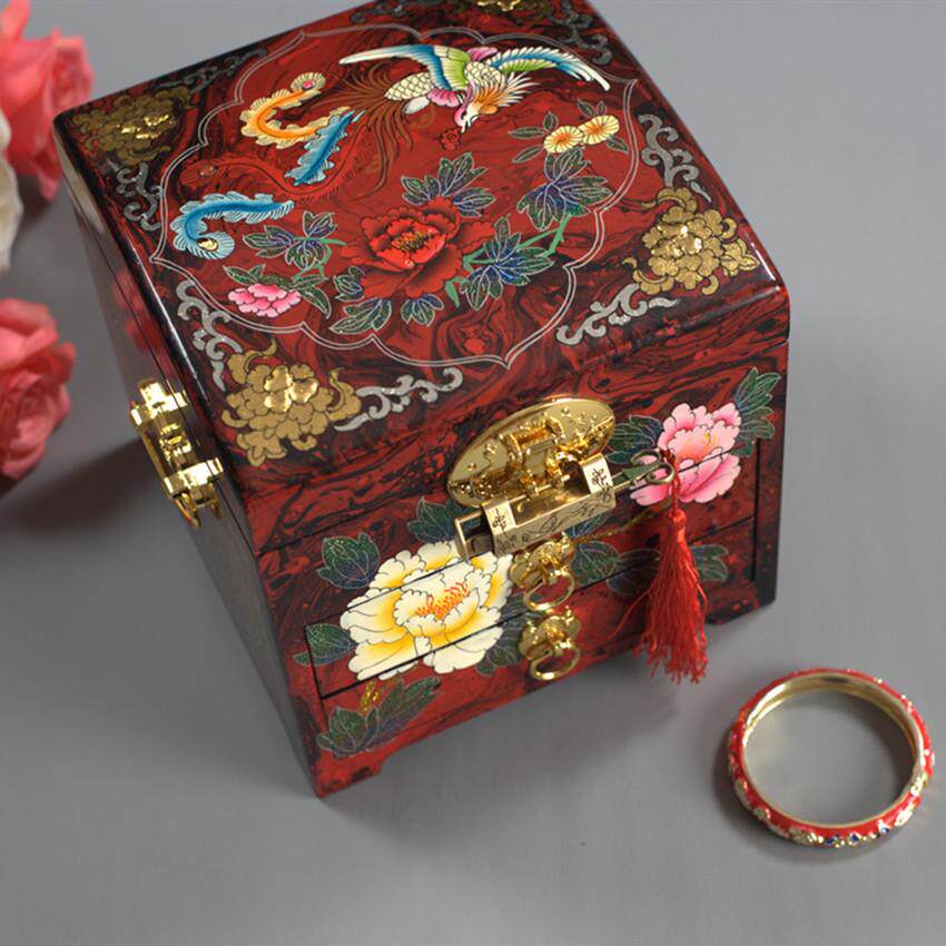 推光漆器彩绘饰品盒木质摆件复古新娘珠宝首饰收纳堆漆画工艺礼盒