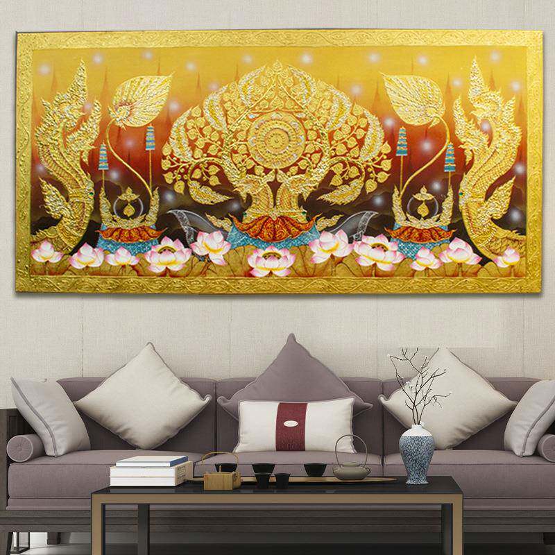 泰国手绘金箔画泰式玄关壁挂东南亚风格SPA装饰画菩提树装饰挂画