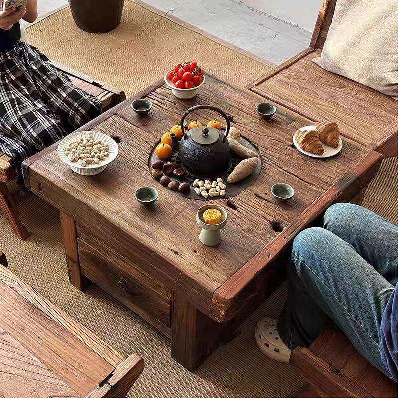 侘寂风老榆木喝茶桌禅意泡茶桌夏季围炉冰茶桌方形户外庭院烧烤桌