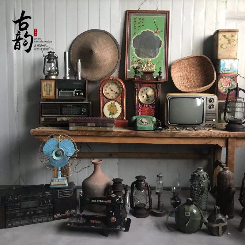 老物件民俗怀旧7080年代u农村老式电视机老算盘煤油灯装饰摆件大