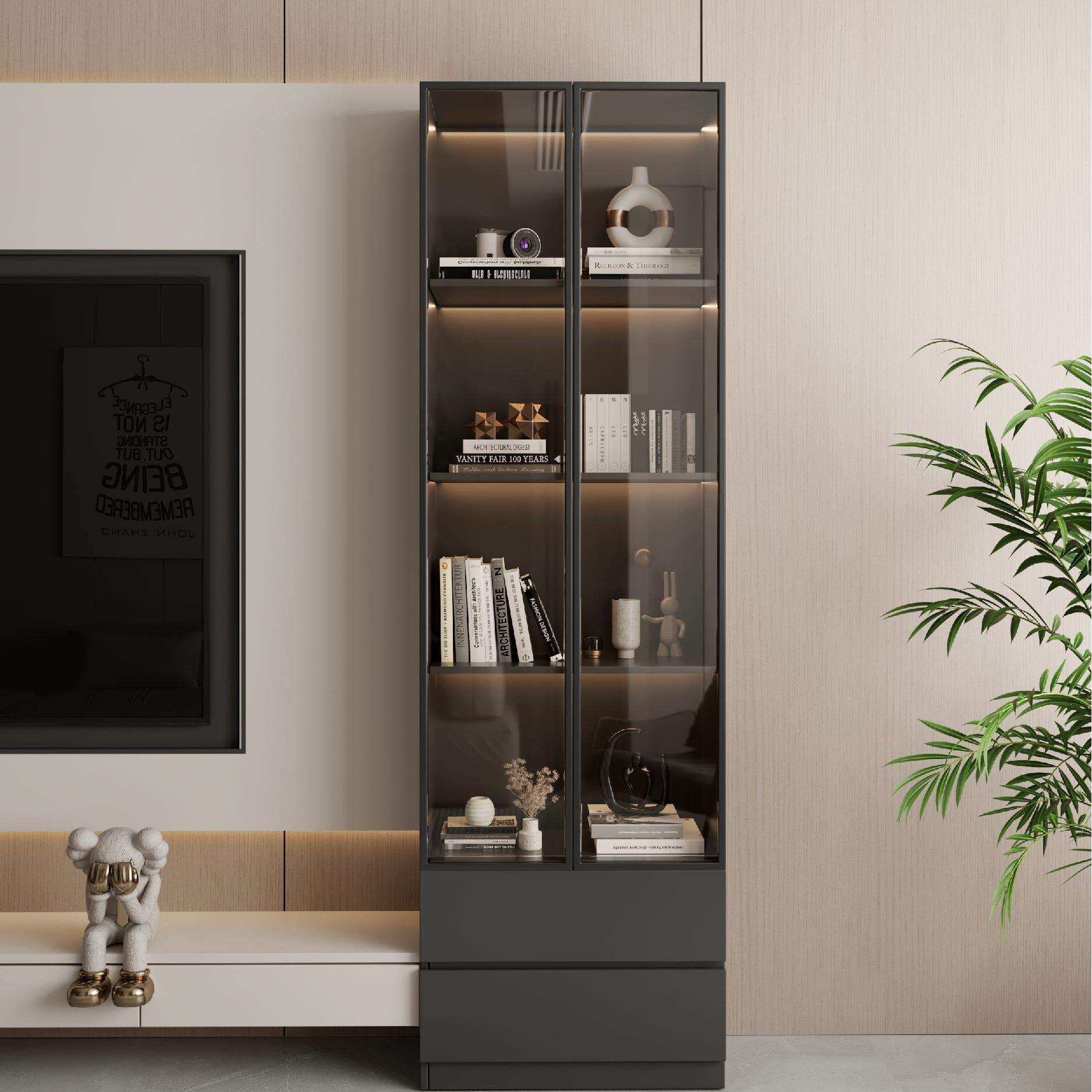 玻璃门柜带门落地置物柜电视柜旁边展示柜客厅木柜储物柜立柜窄柜