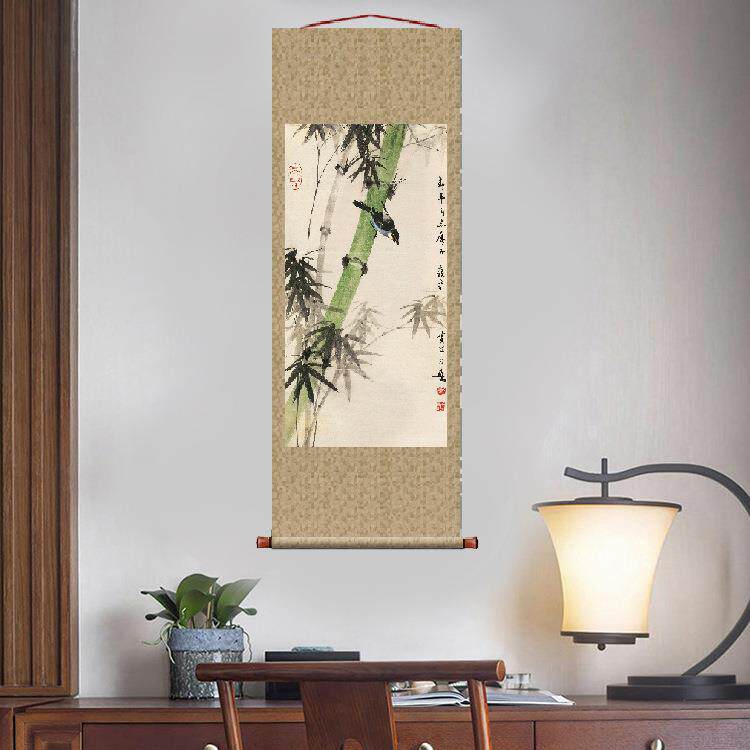 黄幻吾竹雀图挂轴卷轴花鸟画名画复制品名人字画中式书房玄关挂画