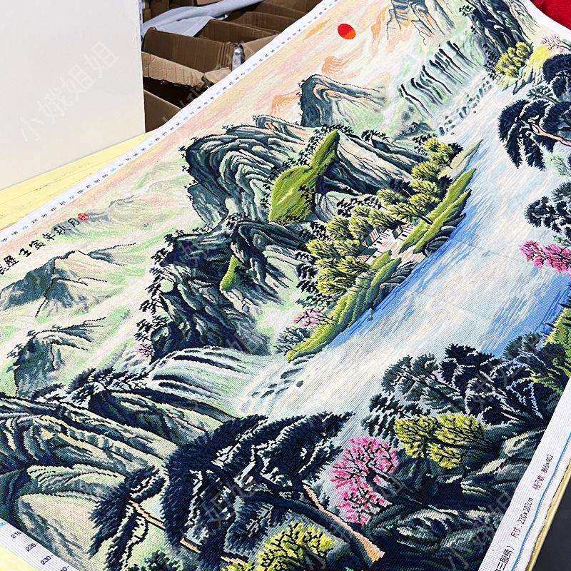 流水生财十字绣成品不带框纯手工出售已绣好的2025新款客厅山水画
