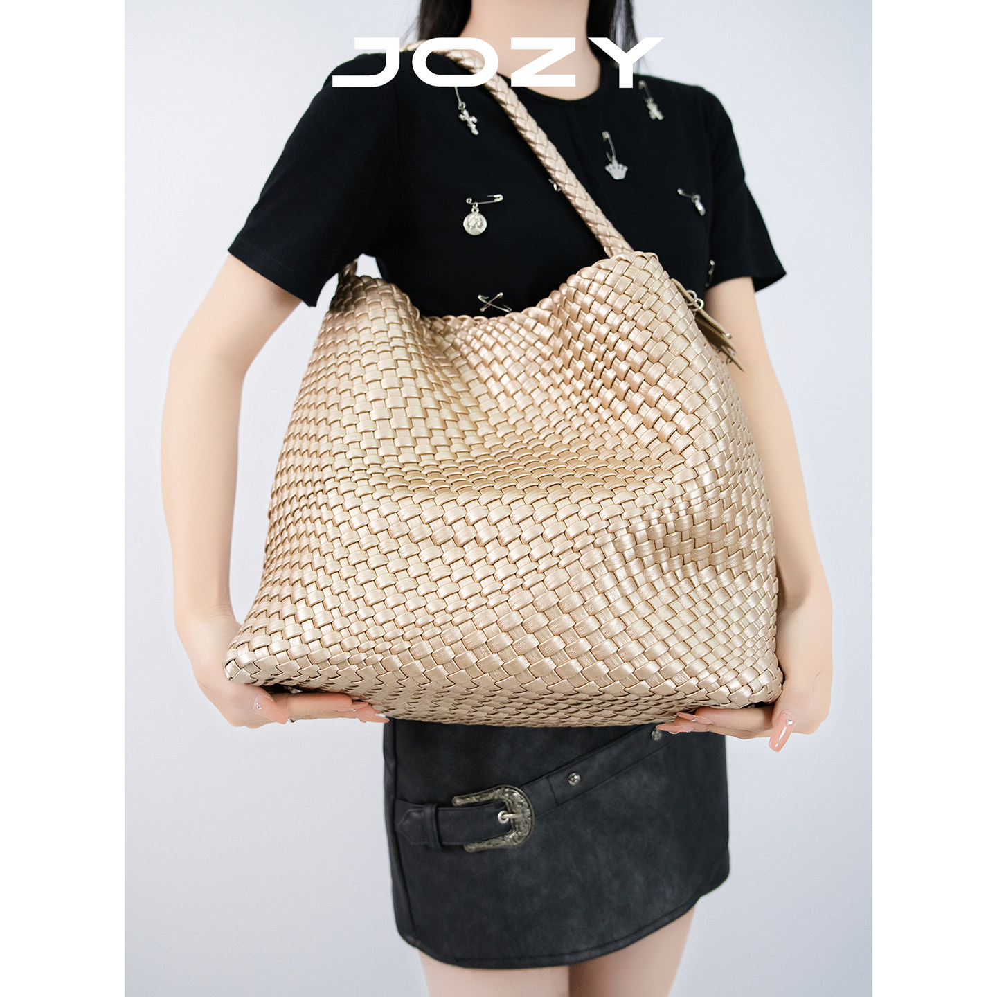 JOZY原创设计枪枪同款香槟色编织托特包大容量通勤手提单肩斜挎包,箱包皮具/热销女包/男包,腋下包,淘宝优惠券,粉丝福利购,淘宝优惠卷