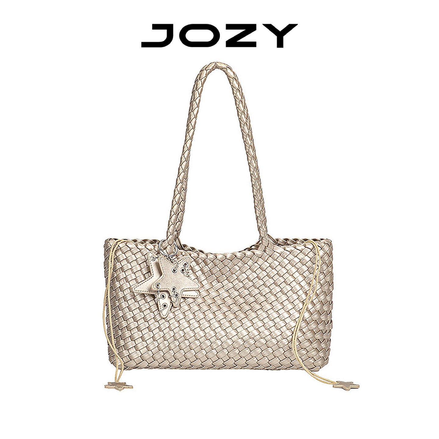 jozy新款手工编织横版托特包女香槟金通勤大容量手提单肩包包软皮