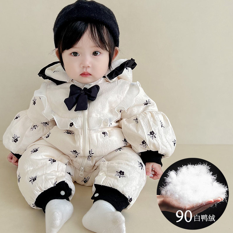 婴儿羽绒服连身衣l宝宝超萌满月公主哈衣婴幼儿冬季保暖抱衣外出