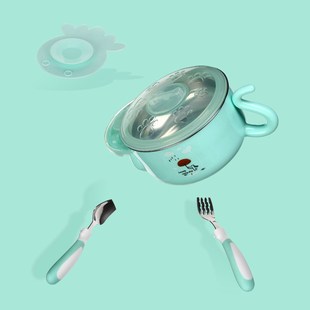 不锈钢注水保温碗儿m童餐具3件套宝宝防摔碗吸盘碗辅食碗8929