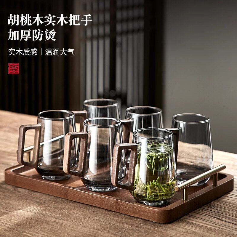 中式玻璃杯套装泡茶杯家用客厅待客耐高温绿茶杯个人喝水杯子