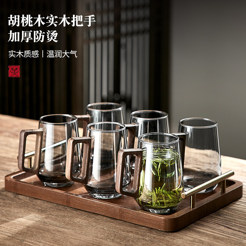 中式玻璃杯套装泡茶杯家用客厅待客耐高温绿茶杯个人喝水杯子