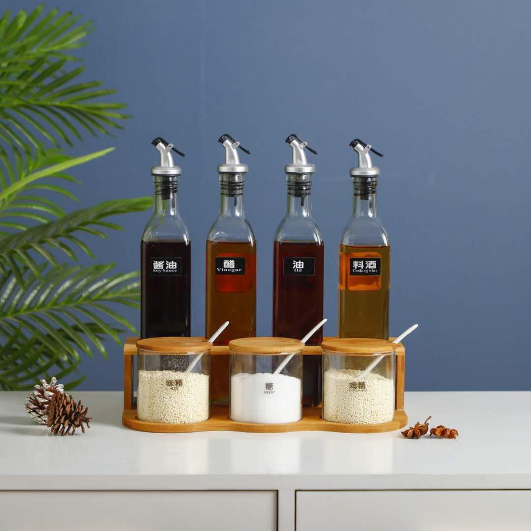 厨房用品调味罐酱油醋瓶置物架玻璃油壶调料瓶味精盐罐木架套装