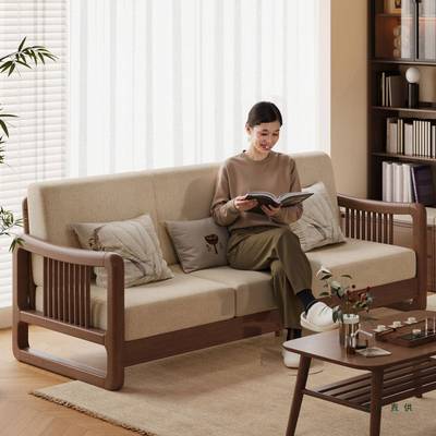 实木沙发客厅家用小户型新中式宋氏美学三人位长椅木头布艺沙发