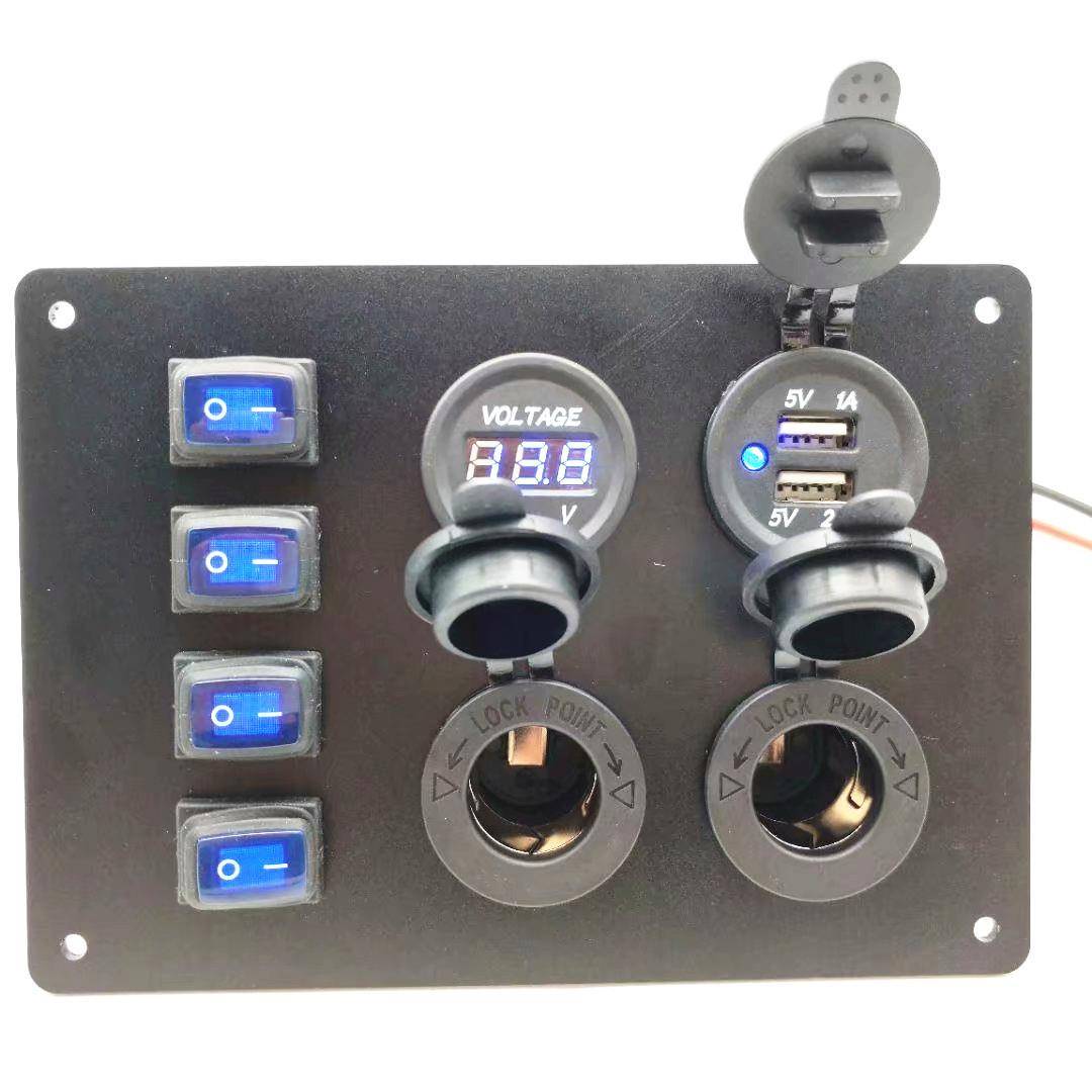 工厂热销4位蓝色小开关+电压数显表+双USB车充+取电母座