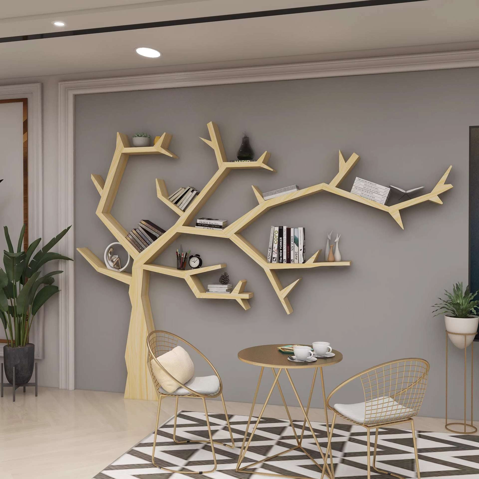 简约实木树形书架办公室客厅沙发后创意墙上落地树干置物架装饰架