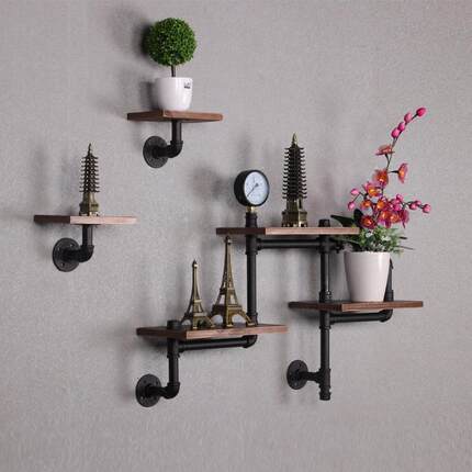 美式铁艺水管墙上置物架loft复古餐厅实木隔板壁挂展示置物壁架