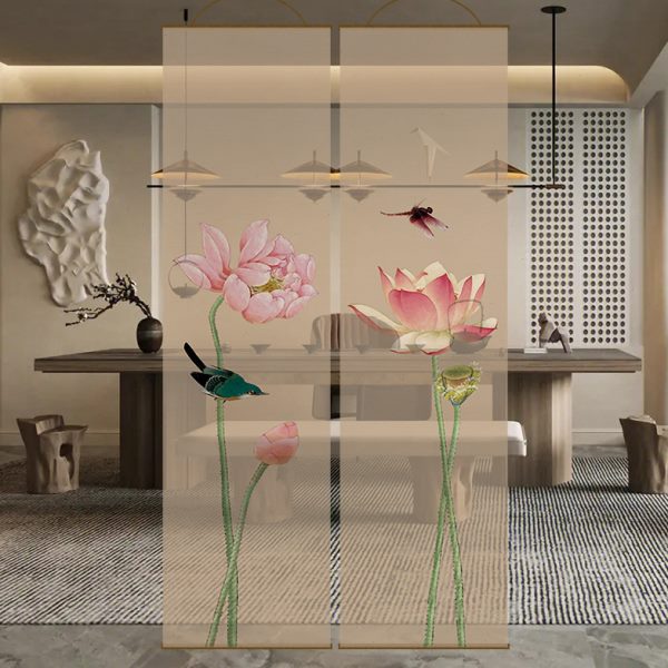 透水墨透莲花半景屏风挂帘水墨透光隔断帘窗帘纱帘双面中式卷帘纱
