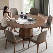 新中式 全实木岩板圆形餐桌内嵌转盘电磁炉家用小户型1.8米大饭桌