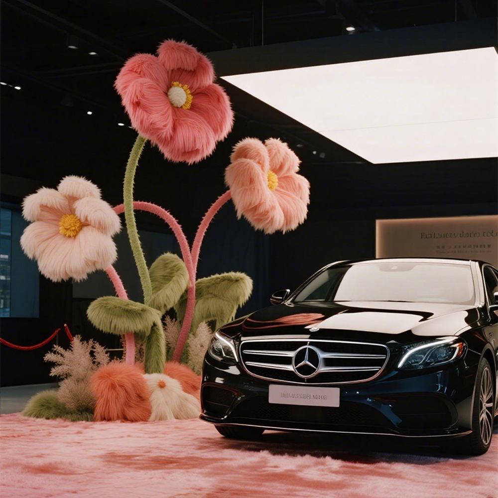 冬季橱窗商场交车仪式区造景装饰仿真花布置巨型毛绒花朵商场美陈