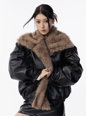 HSNH【可拆卸毛领PU皮座山雕】冬季酷飒风加绒厚保暖棉衣外套棉服