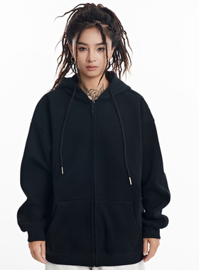 HSNH秋季420g开衫卫衣纯色休闲连帽外套女带帽男士外套