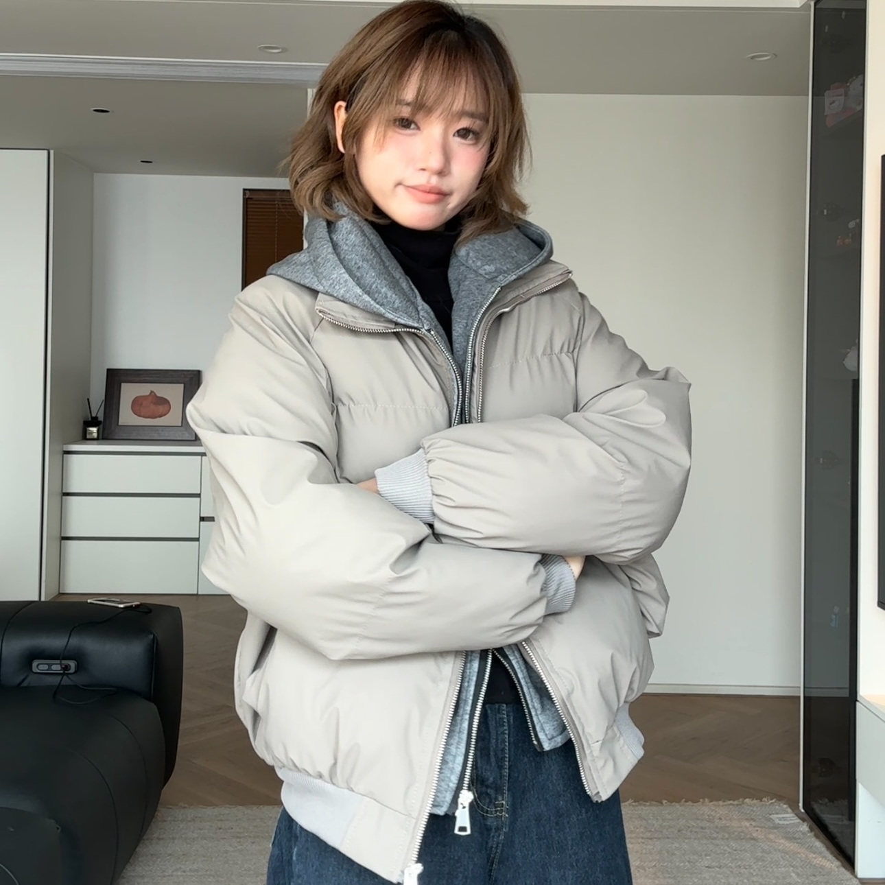 HSNH【PU皮假两件连帽棉衣】冬季简约风双拉链加厚棉服情侣款,男装,棉衣,淘宝优惠券,粉丝福利购,淘宝优惠卷