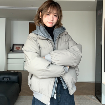 HSNH【PU皮假两件连帽棉衣】冬季简约风双拉链加厚棉服情侣款