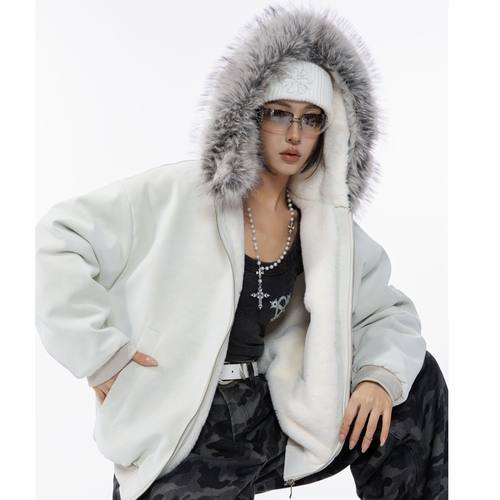 HSNH【PU皮拆卸毛领座山雕外套】加绒加厚款棉衣防水休闲韩版棉服