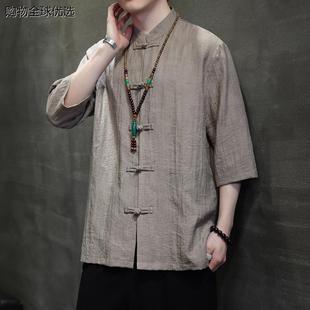 衬衫 男士 宽松大码 中国风棉麻薄款 短袖 唐装 透气中山装 居士服 七分袖
