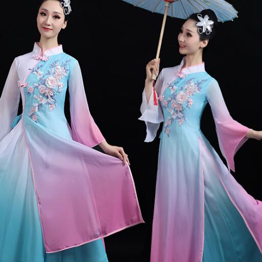 2023新款古典舞演出服女飘逸中国风艺考扇子舞伞舞雪纺秧歌服