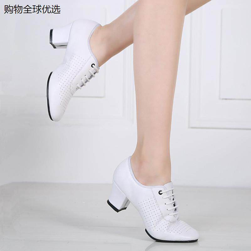 拉丁舞鞋女成人真皮软底交谊舞蹈鞋中跟广场舞鞋演出跳舞鞋子