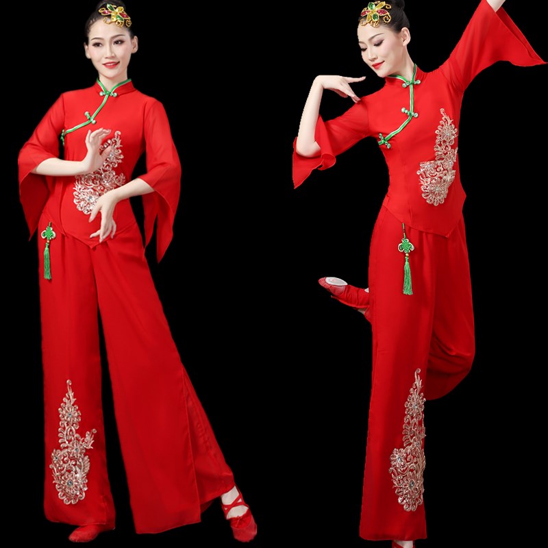 秧歌服2023新款广场舞演出服女扇子舞红色打鼓喜庆表演服民族风舞