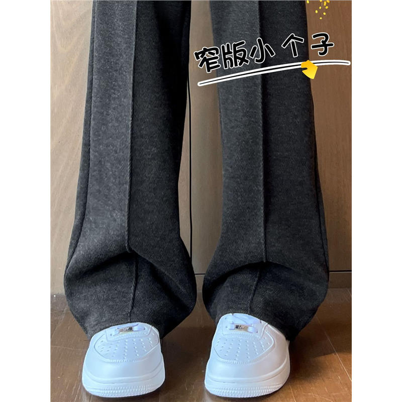 人字纹毛呢阔腿裤女2025新款秋冬季加绒羊毛裤小个子窄版直筒裤子