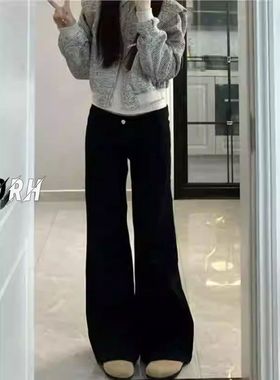 黑色微喇牛仔裤女冬季加绒大码胖mm弹力显瘦梨型身材阔腿马蹄裤子