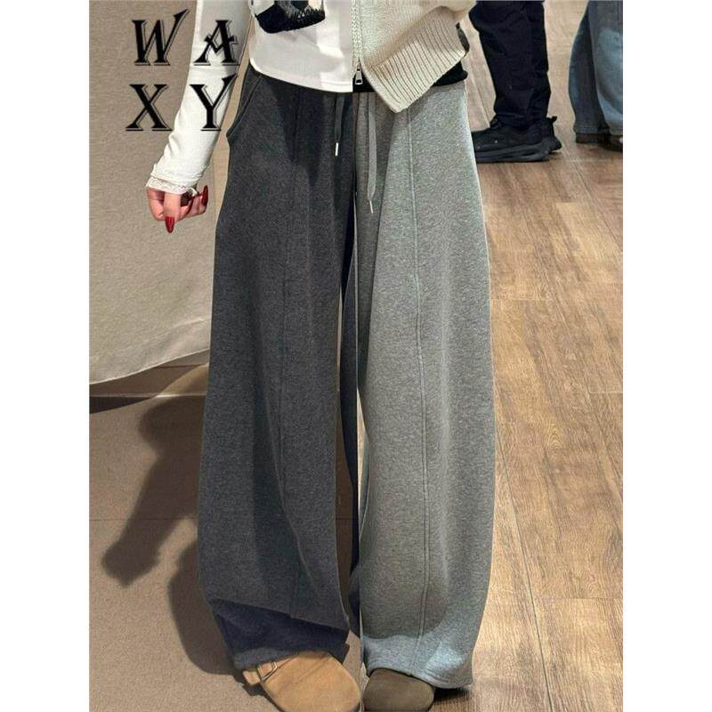 灰色弯刀运动裤子女款2025冬新款加绒加厚宽松直筒休闲糯米阔腿裤