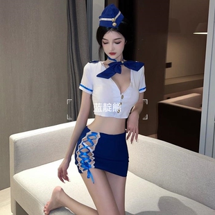 制服性感辣妹空姐深V领露肩包臀连衣裙cos海军风短裙子设计感小众