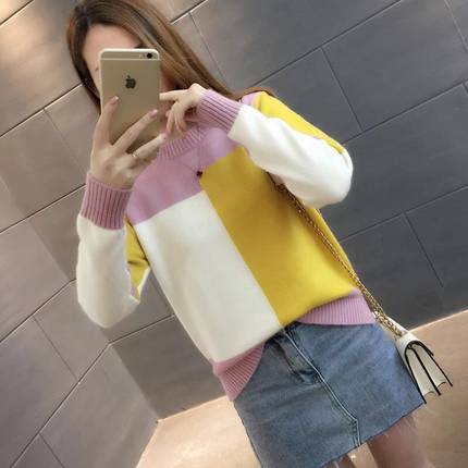 极速Women Color Bllock Pullover Sweater Autumn Winter New Fa