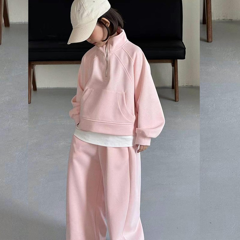 韩系童装2025春秋新款儿童半拉链F假两件卫衣两件套女童洋气套装