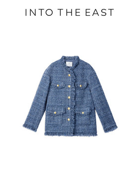 Into The East己印蓝色毛呢流苏设计宽松版外套