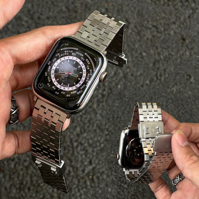 七株华夫格链式不锈钢手表带适用于iwatchS11宽版金属磁吸卡扣表带s10苹果ApplewatchUltra3气质s98夏SE男款