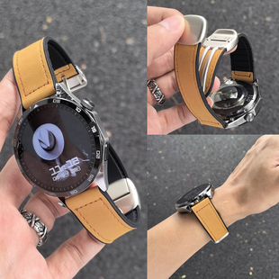 适用华为手表gt5疯马纹轻奢表带GT4磁吸折叠扣gt3pro复古圆滑弧扣watch5 荣耀magic腕带22MM 4智能5pro男女款