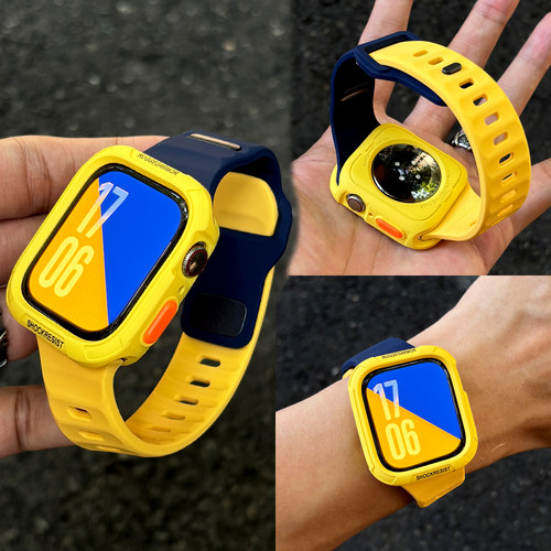 幺诺适用苹果手表s11斜切拼撞色硅胶表带iwatch10反扣运动歪七扭八applewatch9不规则ultra3夏防水腕带男女se