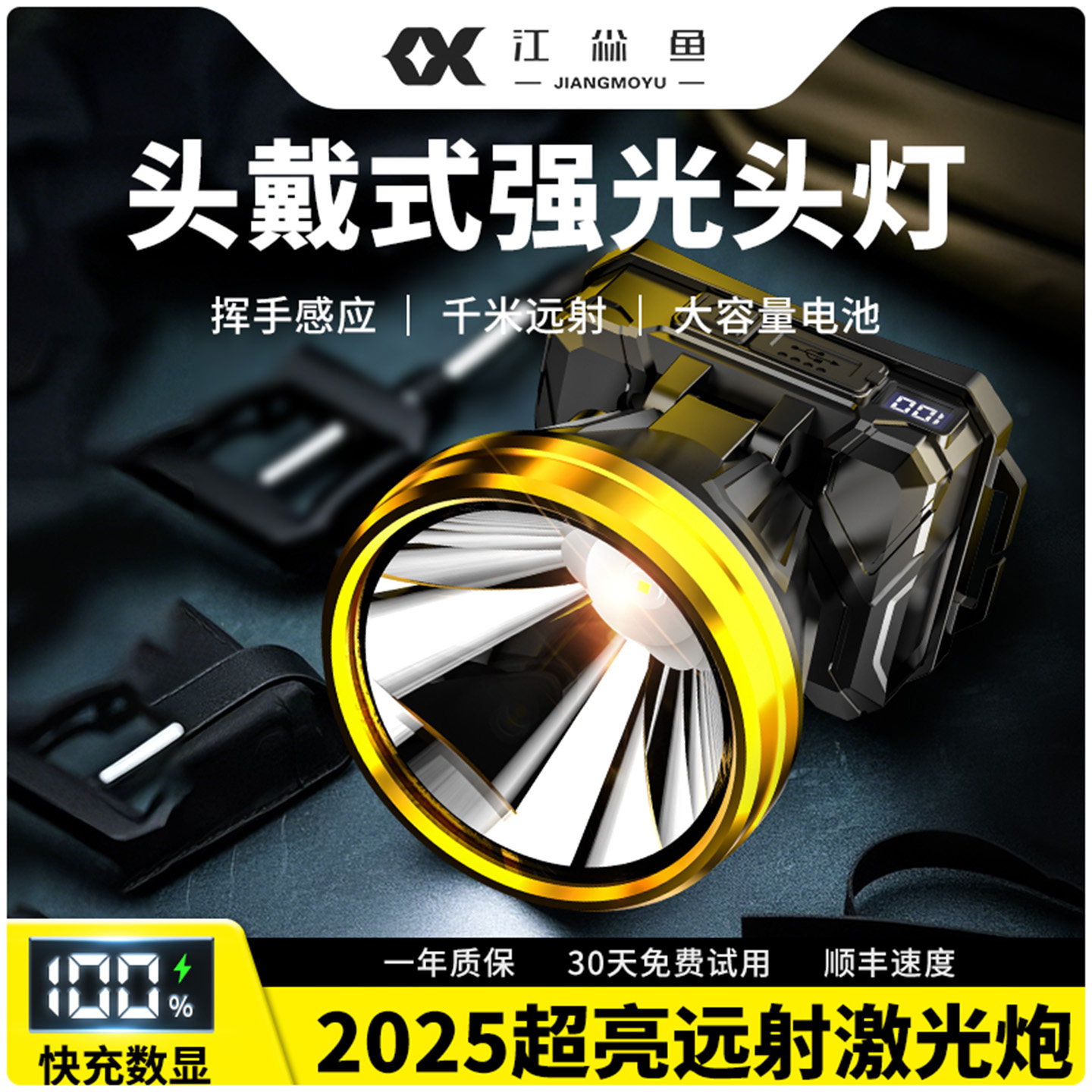 头灯头戴式强光充电超亮超长续航感应矿灯夜钓专用野外超亮手电筒