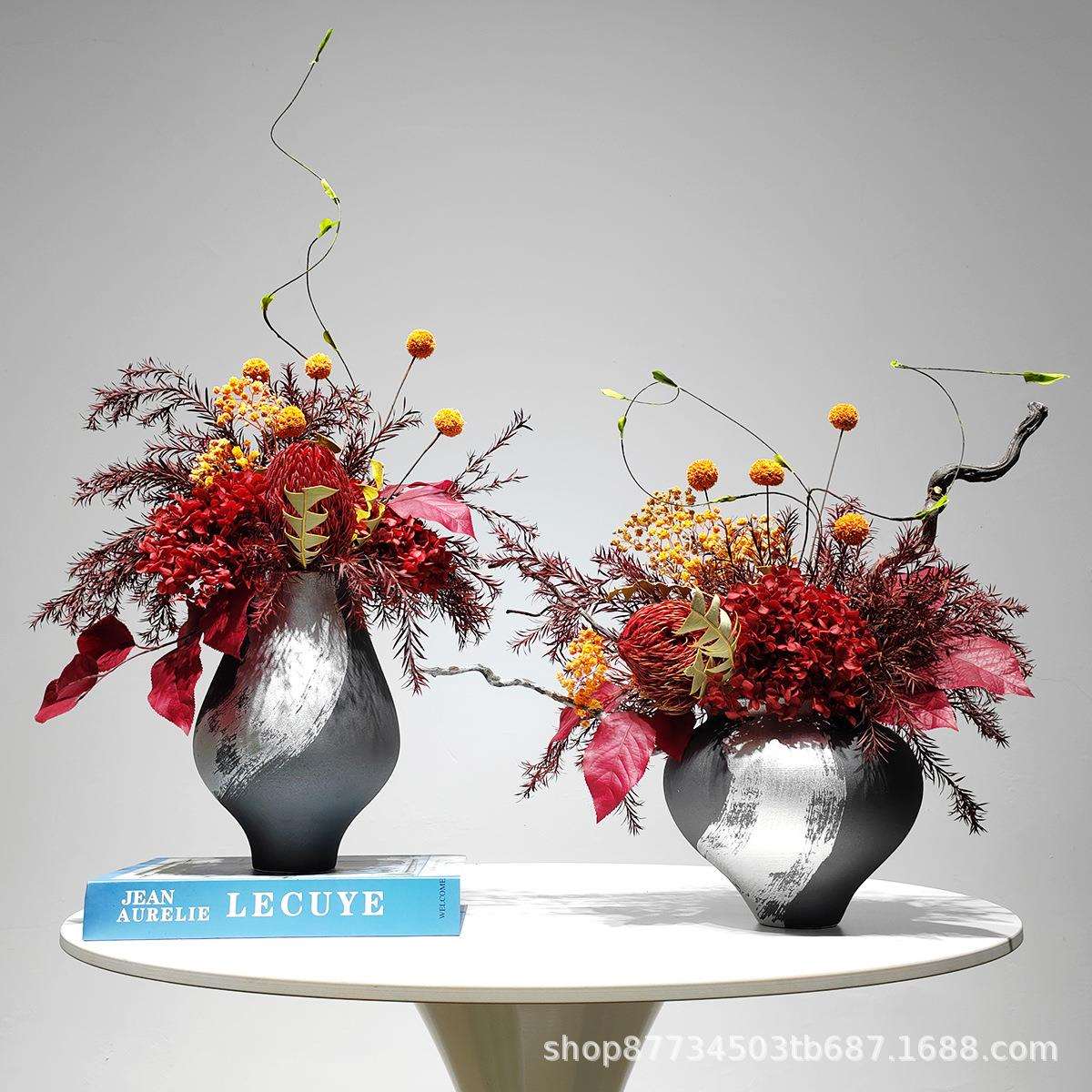 新中式红色花艺酒店高档装饰花样板间博古架桌面仿真植物盆景摆设