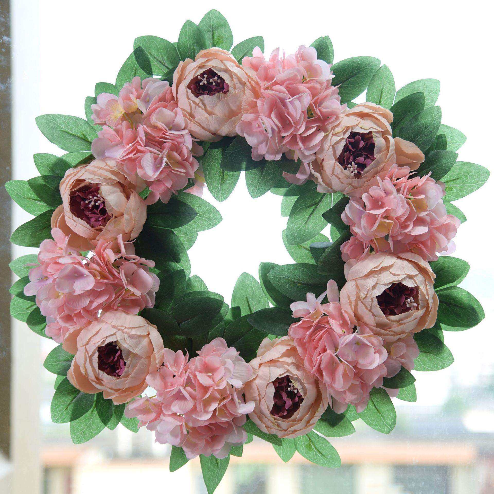 914家居壁挂 绣球仿真花牡丹装饰门环挂件卧室 婚礼藤编花环 实价