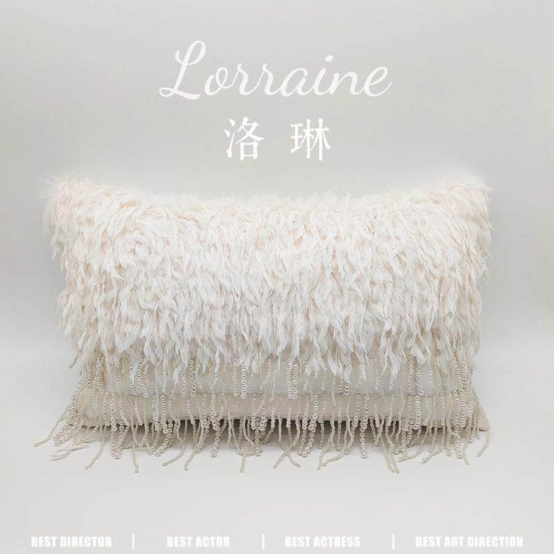 欧式轻奢高级感手工珍珠白色羽毛抱枕酒店沙发软装靠垫女神腰靠枕