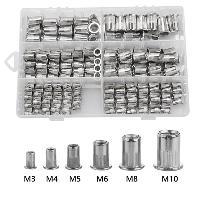 跨境热销 180pcs盒装不锈钢拉铆螺母 平头竖纹铆螺母组合