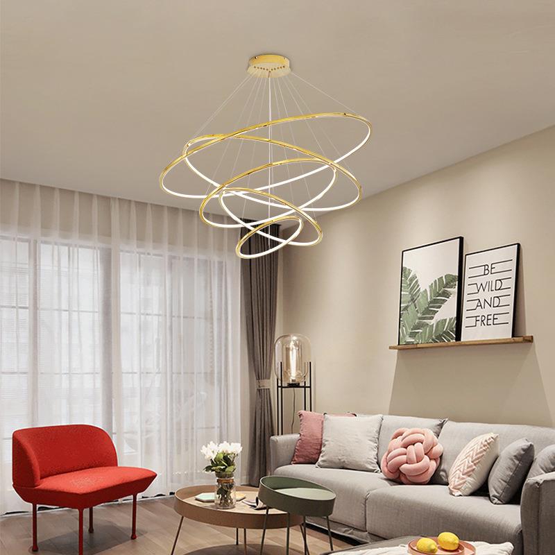 复式楼客厅大吊灯不锈钢轻奢简约别墅loft公寓跃层楼梯间圆环灯具