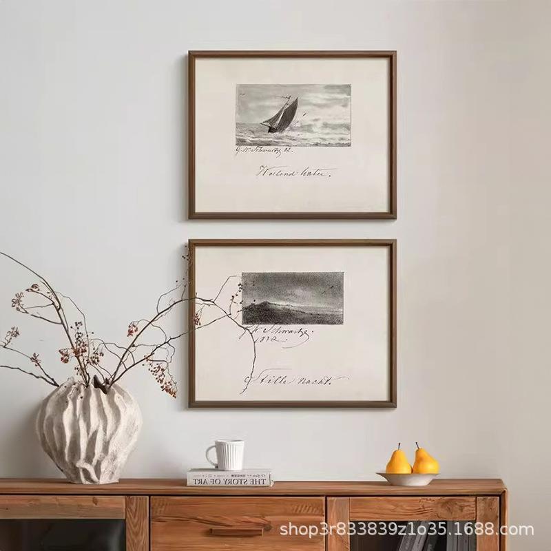 中古风黑白素描艺术挂画法式复古玄关斗柜客厅组合装饰画2025新款
